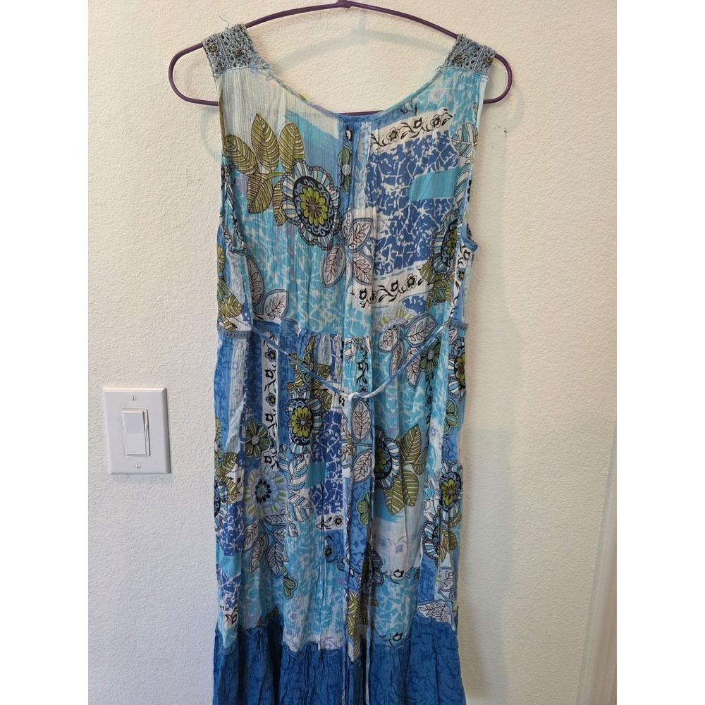 Forbidden Tank Dress Sz M Beaded Floral Blue Boho Vacation Resortwear Tie Back - Picture 5 of 5